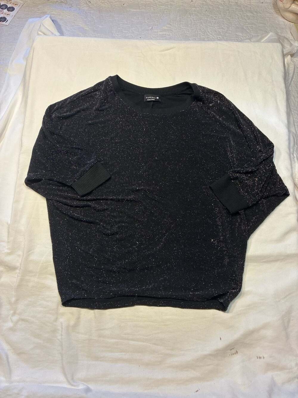 PAPEROC Black Metallic Glitter Batwing Dolman Sleeve Sweater